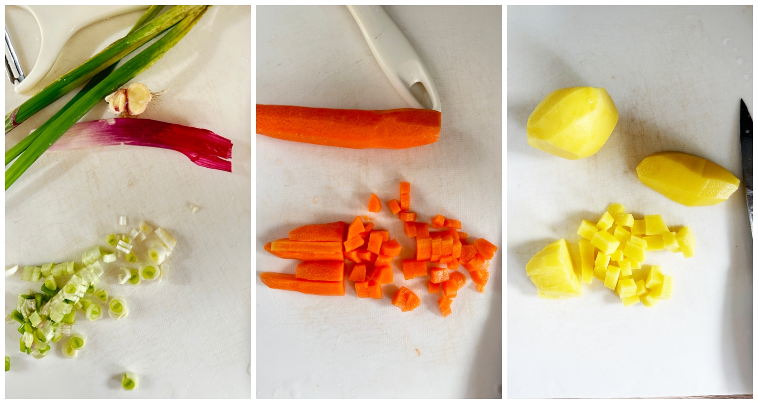 Per preparare la minestra di pasta, patate e piselli come prima cosa pulisci il cipollotto e taglialo a rondelle. Pela la carota e tagliala a dadini, fai la stessa cosa per le patate. Lava per bene sia le patate che le carote per eliminare qualsiasi residuo di terra.