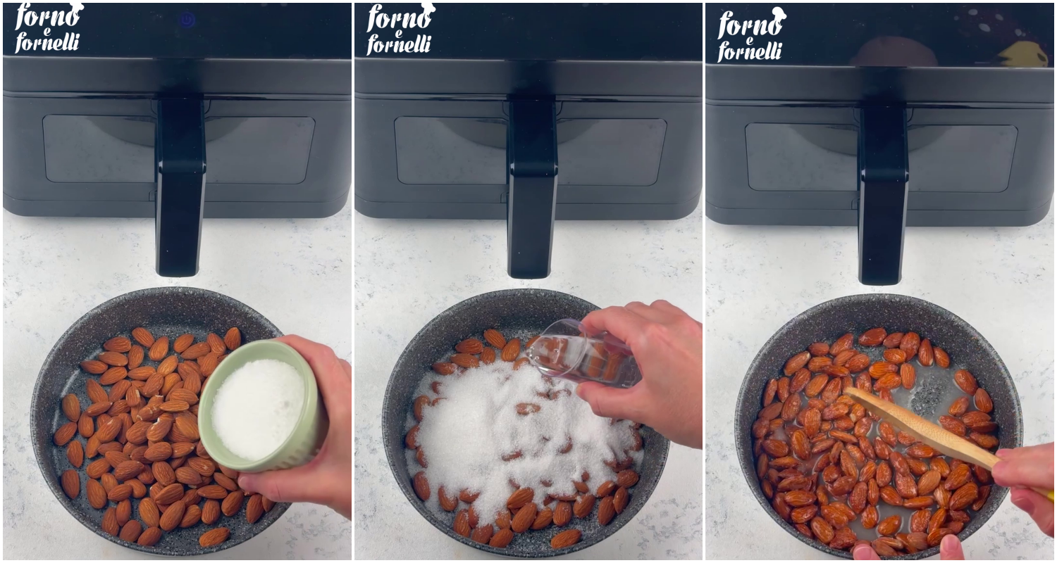 Per preparare le mandorle pralinate in friggitrice ad aria per prima cosa pesa tutti gli ingredienti: mandorle, zucchero, acqua e un pizzico di vaniglia. Metti nella teglia adatta alla tua friggitrice ad aria, le mandorle, lo zucchero mescolato alla vaniglia, l'acqua e mescola per bene.