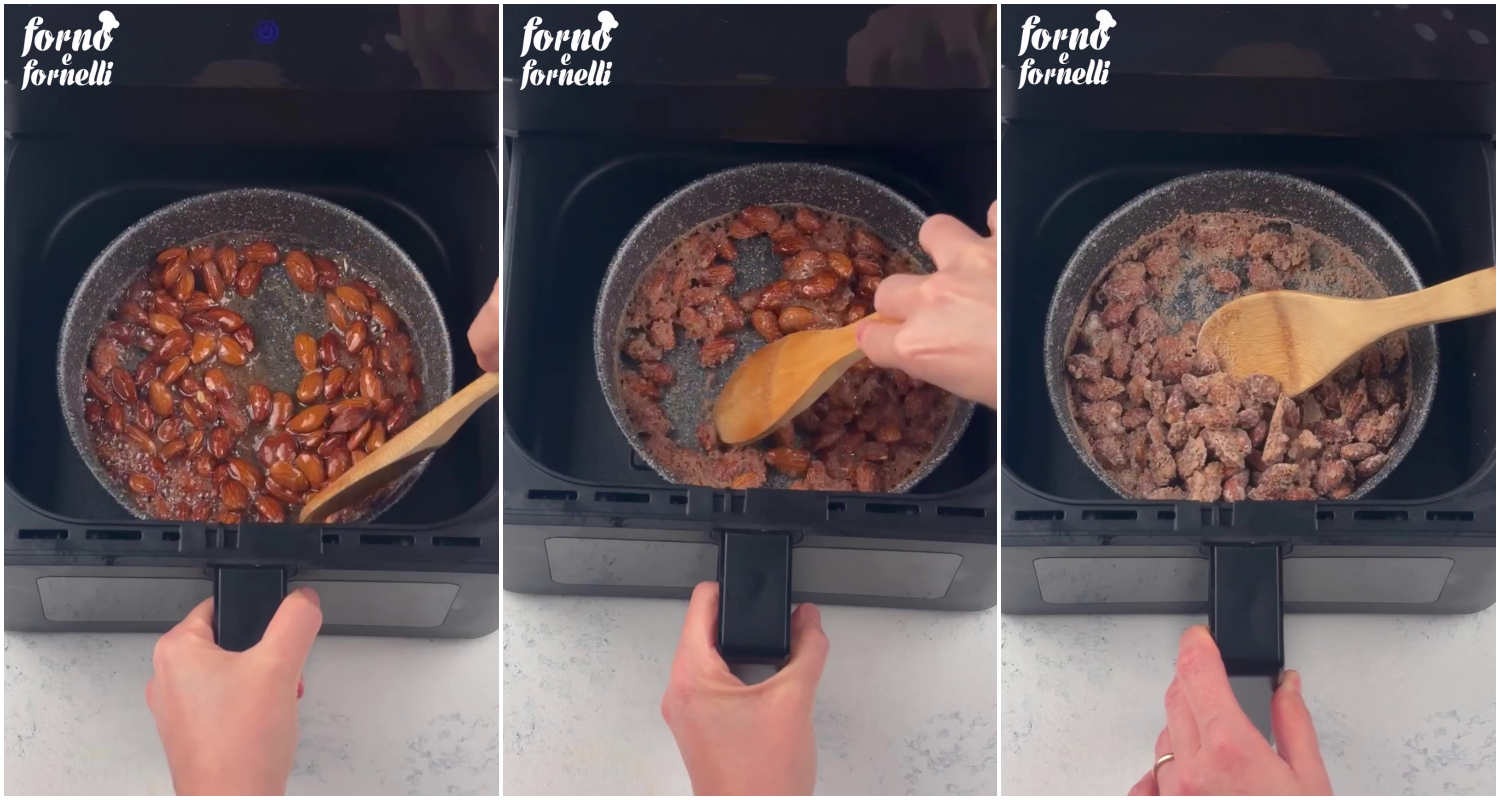 Metti in friggitrice ad aria a FREDDO e cuoci per 12-13 minuti a 180°C. All'inizio vedrai che il tutto sarà molto liquido. Dopo 5 minuti dall'inizio della cottura apri il cestello e mescola il tutto. Fai cuocere altri 4 minuti, apri ancora il cestello e vedrai che le mandorle cominciano già a caramellarsi. Apri dopo altri 2 minuti, le mandorle dovrebbero essere già pralinate. I tempi possono variare in base alla tua friggitrice. Possono volerci orientativamente in totale dai 12 ai 15 minuti. Da questo punto mescola molto spesso fino a fine cottura. Quando lo zucchero avrà rivestito tutte le mandorle, spegni tutto, estrai la teglia e lascia raffreddare completamente, mettendo le mandorle pralinate ben distanziate tra loro, prima di consumare. Buon appetito!