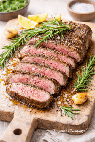 Tagliata di manzo al rosmarino cotta alla piastra e servita a fette