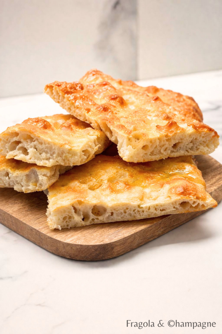 Focaccia mille bolle soffice e alveolata con superficie dorata e bolle ben visibili