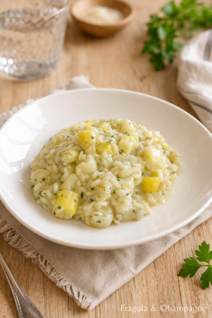 Risotto cremoso agli asparagi bianchi mantecato con burro e parmigiano, servito in un piatto fondo bianco
