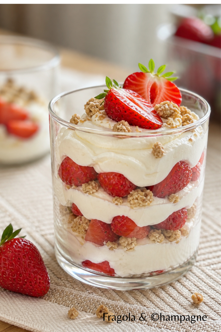 coppa fragole cremosa e croccante con panna meringa e granola