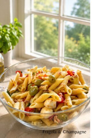 Pasta fredda con tonno, pomodorini, mozzarelline e basilico fresco