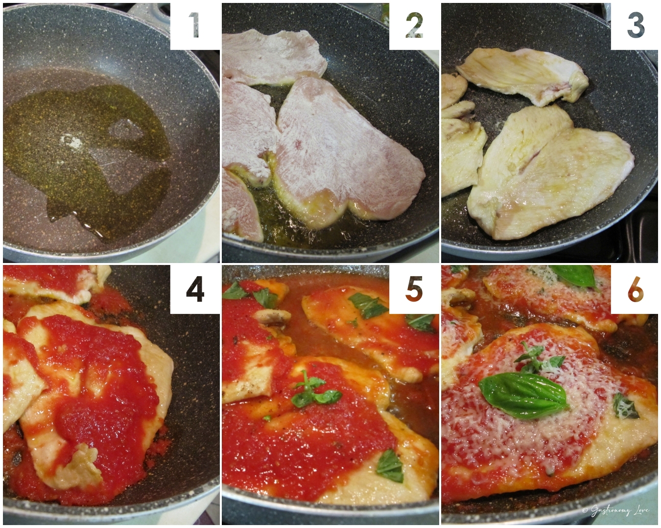 fotografico dei passaggi per preparare le scaloppine di petto di pollo al pomodoro e parmigiano filante in padella