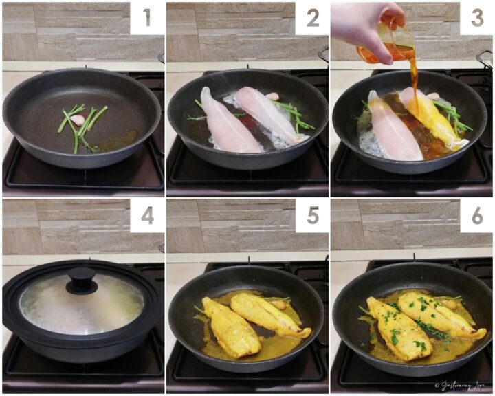 Cottura in padella dei filetti di merluzzo con zafferano, aglio e gambi di prezzemolo.