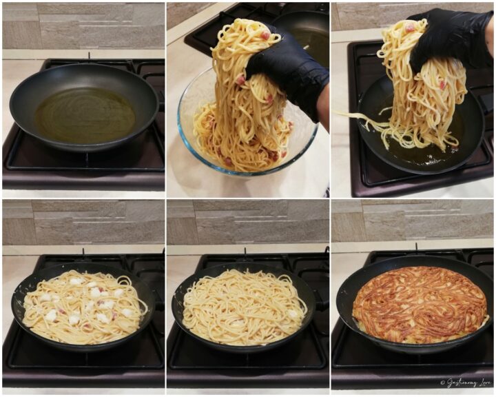 Collage di sei foto sulla cottura: 1. Padella con olio caldo. 2 e 3. Mano con guanto nero che adagia spaghetti nella padella. 4. Primo strato di pasta con cubetti di provola. 5. Frittata coperta dal secondo strato di pasta. 6. La frittata di maccheroni napoletana capovolta, dorata e croccante.