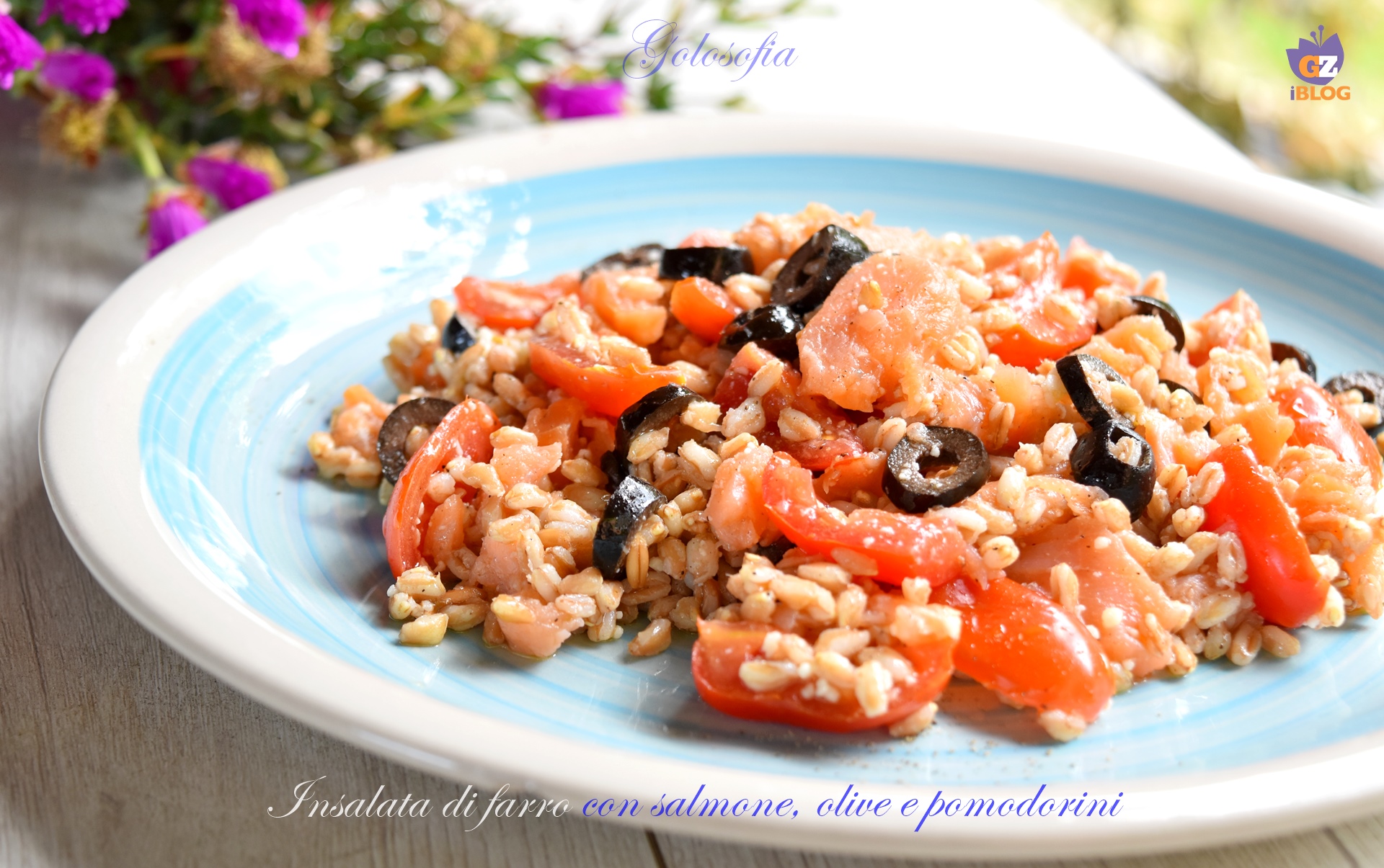 Insalata di farro con salmone, olive e pomodorini-ricetta primi-golosofia