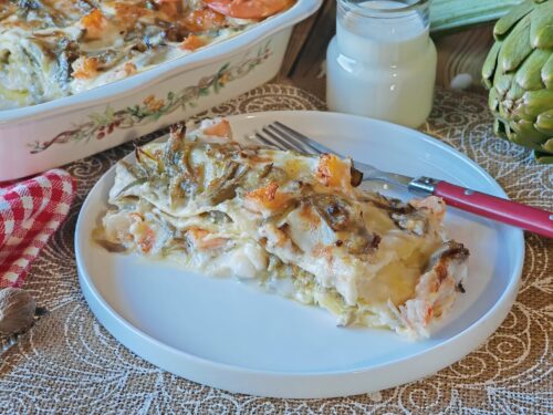 Lasagne con carciofi e gamberetti