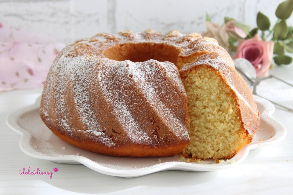slice of soft water ring cake with powdered sugar