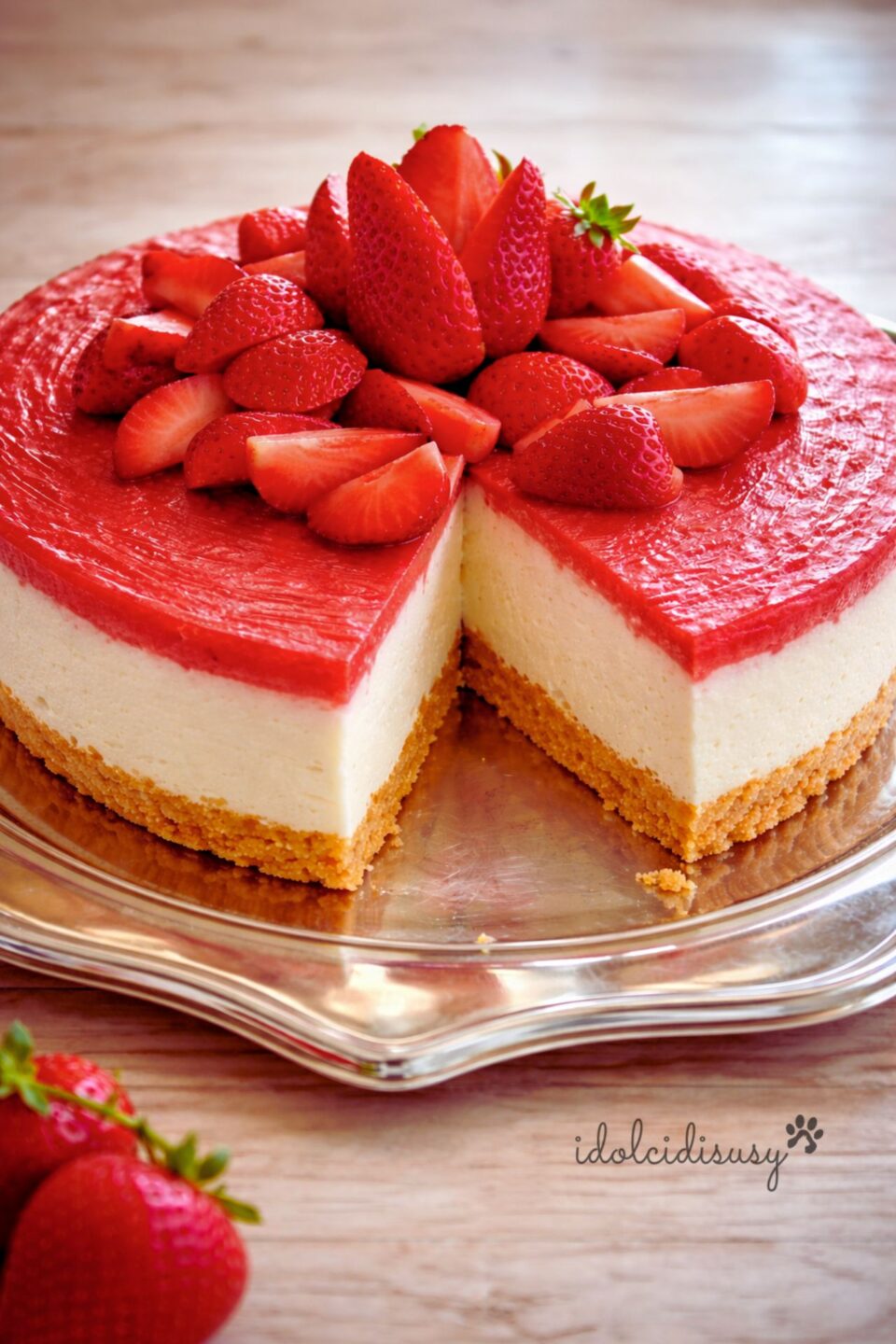 Cheesecake alle fragole senza cottura con fetta tagliata, base di biscotti e crema al formaggio decorata con fragole fresche
