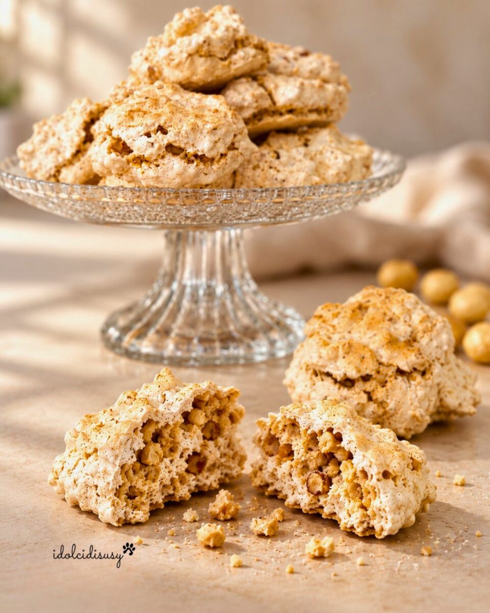 Brutti ma buoni alle nocciole con un biscotto spezzato in primo piano che mostra l’interno, e biscotti interi su un’alzatina di vetro sullo sfondo.