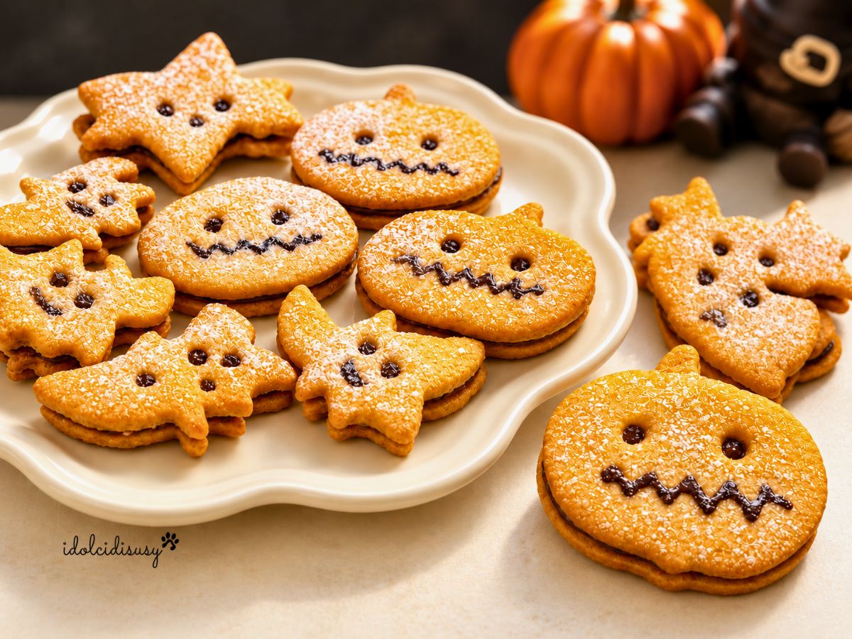 Biscotti di Halloween di pasta frolla farciti con crema di nocciole, a forma di zucca, fantasma e pipistrello, disposti su un piatto chiaro.