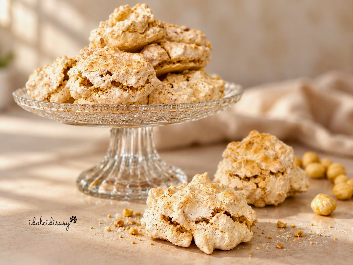 Biscotti brutti ma buoni alle nocciole su un’alzatina di vetro, con due biscotti e nocciole su un piano chiaro in primo piano.