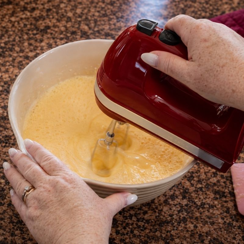 Uova e zucchero montati con le fruste elettriche per preparare la torta di mele e marmellata
