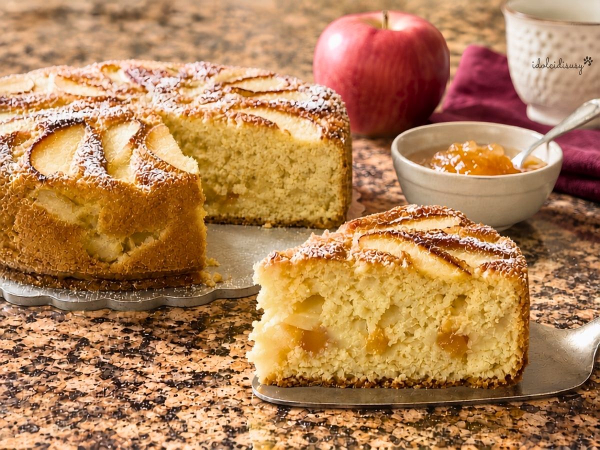Torta di mele e marmellata tagliata con mele cotte sulla superficie e marmellata di albicocche all’interno della fetta