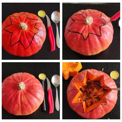 Passaggi per tagliare il cappello e svuotare la zucca prima di intagliarla
