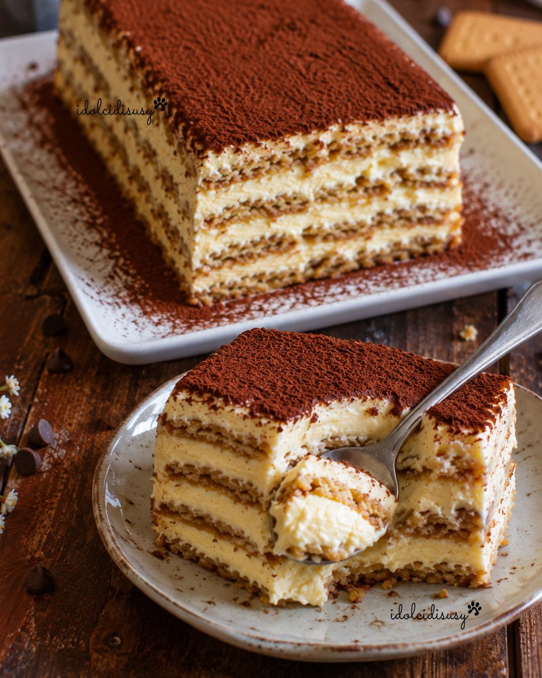 Fetta di mattonella di biscotti con crema senza cottura, strati cremosi di biscotti e crema con cucchiaino che affonda nel dolce.