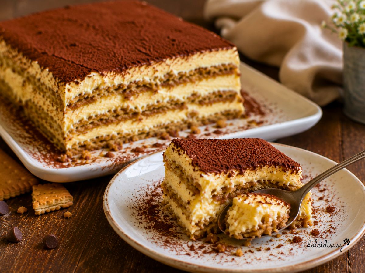 Mattonella di biscotti con crema senza cottura, dolce freddo con strati di biscotti e crema soffice, fetta servita con cucchiaino.