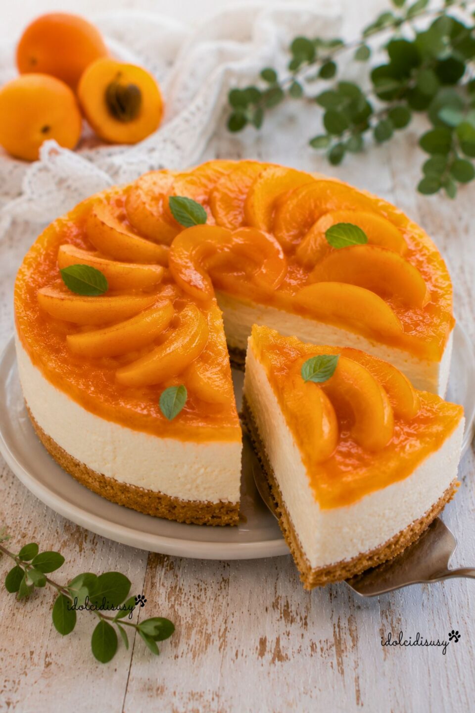 Fetta di cheesecake alle albicocche con base di biscotti, crema al mascarpone e decorazione con albicocche fresche