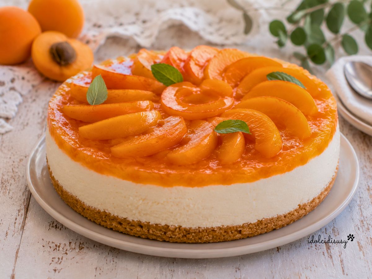 Cheesecake alle albicocche con base di biscotti, crema al mascarpone e copertura di purea e albicocche fresche.