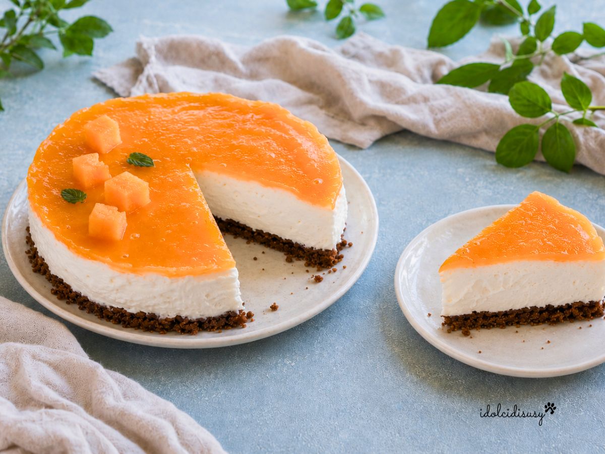 Torta fredda al melone senza cottura con una fetta tagliata