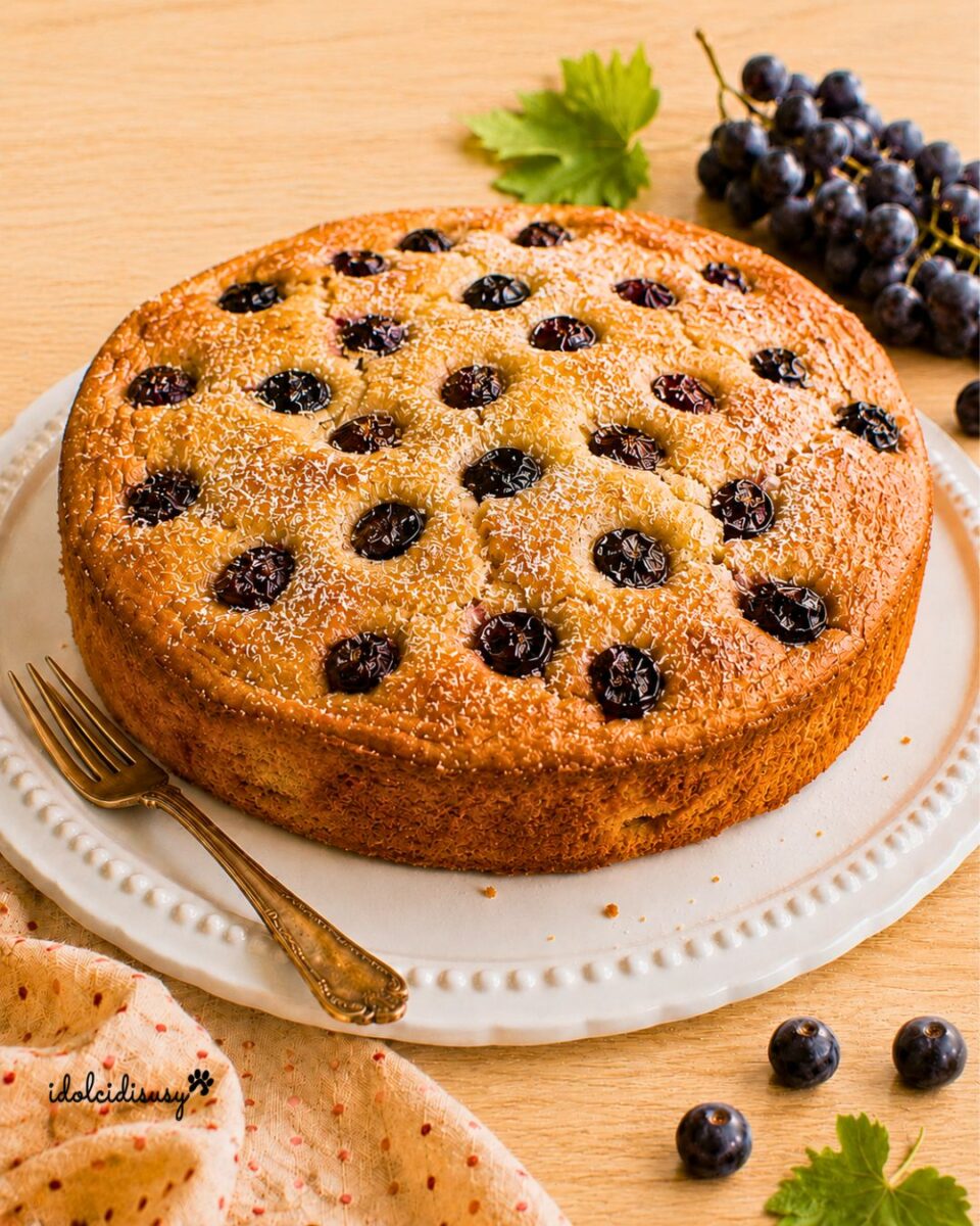 Torta all’uva e ricotta senza burro, decorata con uva nera e zucchero a velo su un piatto bianco.