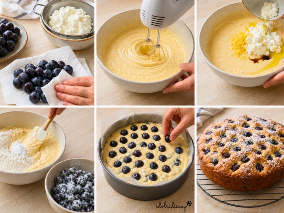 Collage con i passaggi per preparare la torta all’uva e ricotta, dall’impasto alla decorazione con gli acini fino alla cottura