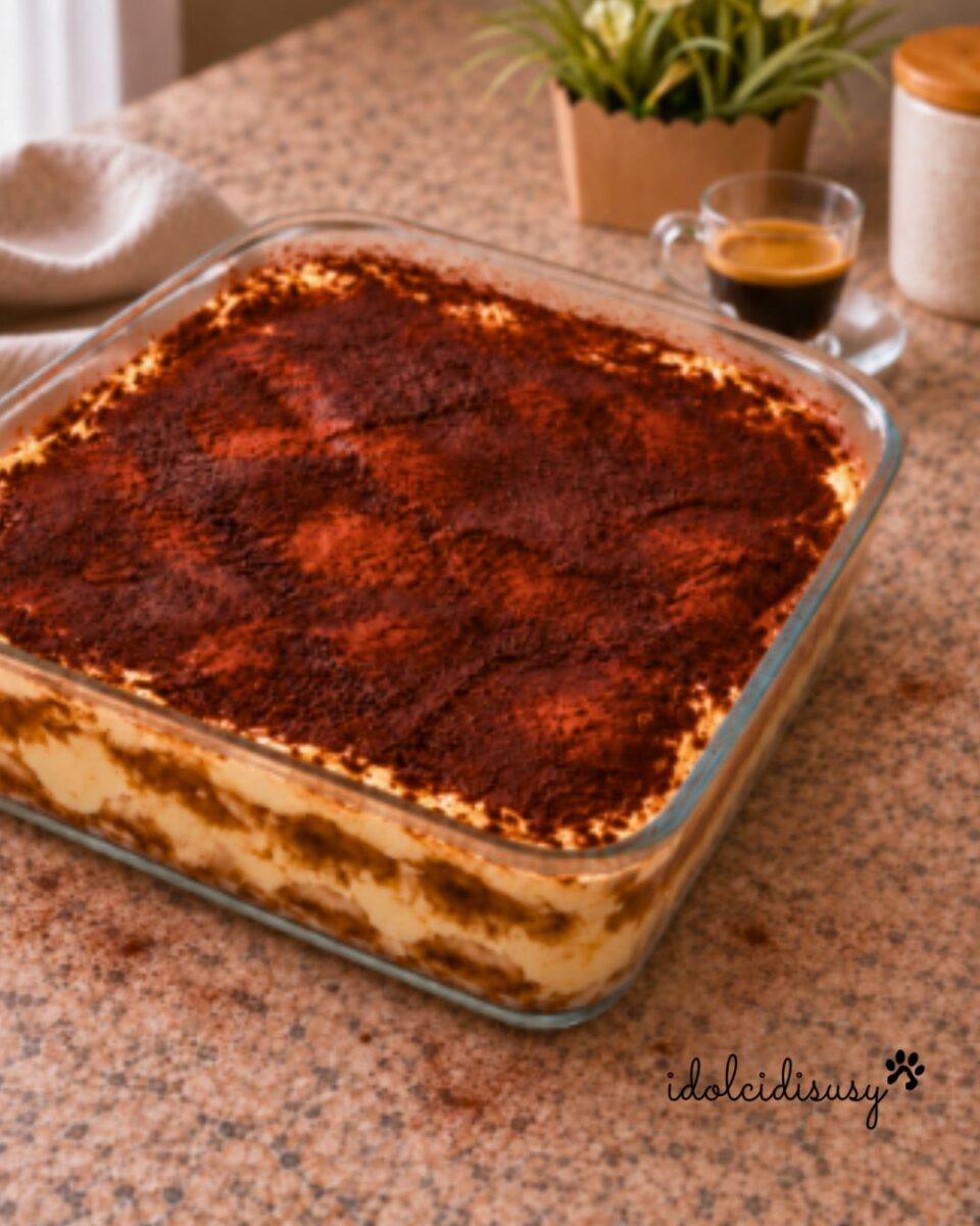 Tiramisù ricetta classica intero nella pirofila con cacao amaro
