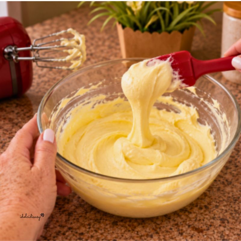 Crema al mascarpone liscia e vellutata preparata con quattro tuorli pastorizzati.
