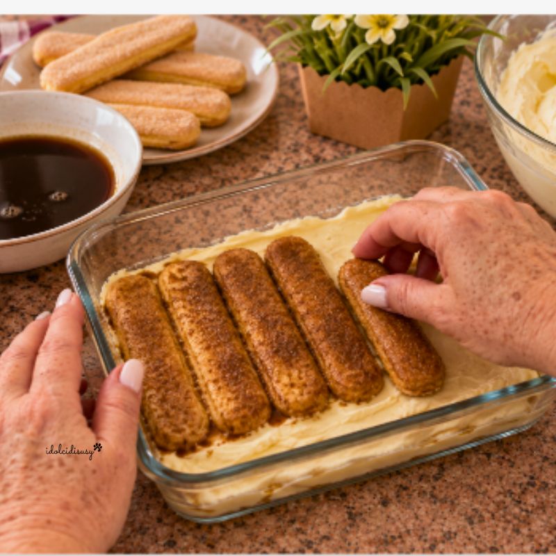 Savoiardi inzuppati nel caffè sistemati sulla crema al mascarpone nella pirofila.