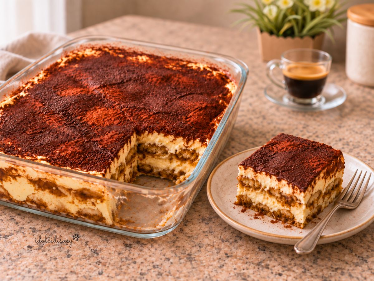Tiramisù ricetta classica con fetta e strati di crema al mascarpone e savoiardi