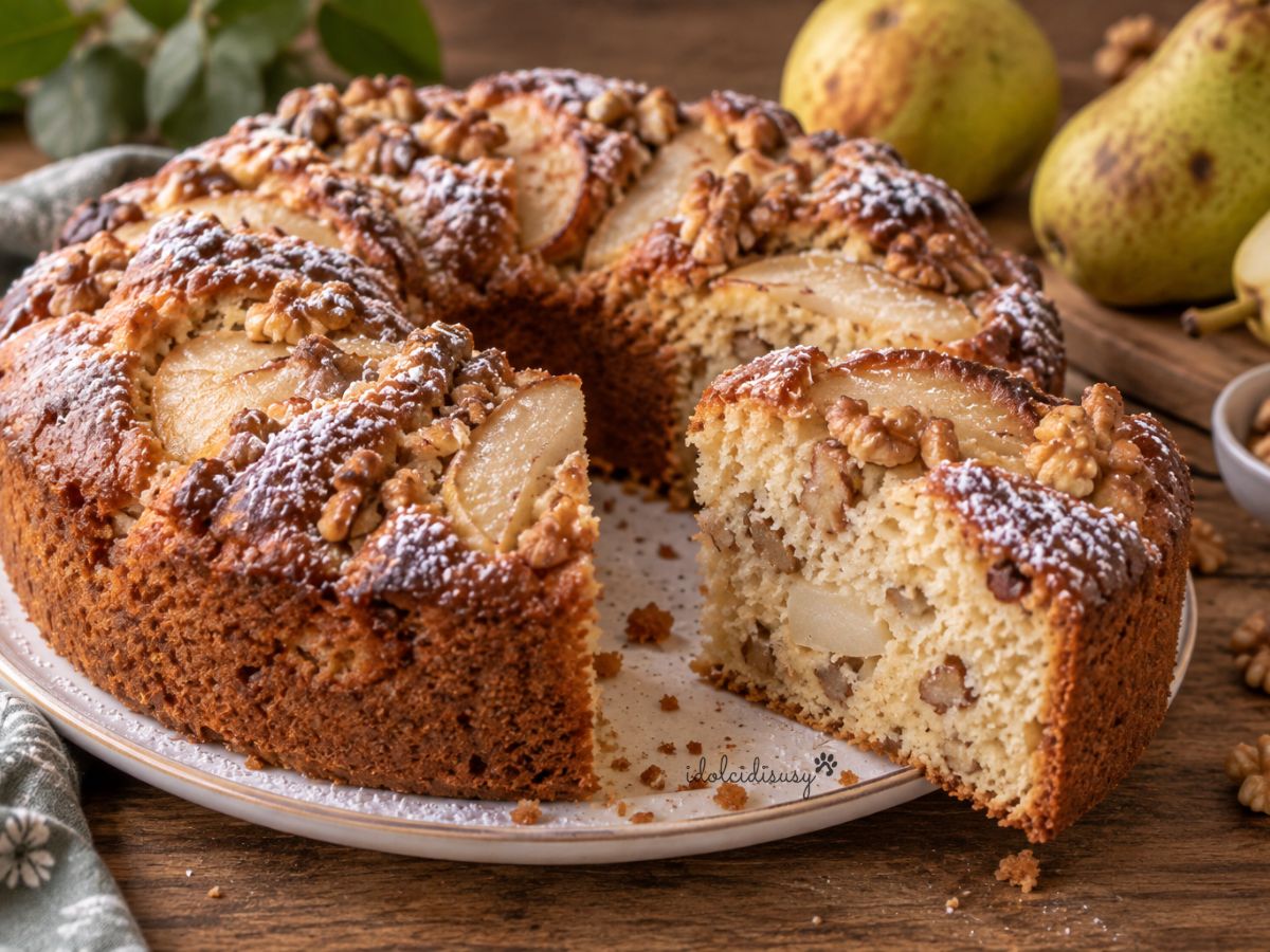 Ciambella pere e noci soffice senza burro tagliata a fette, con pere fresche e noci
