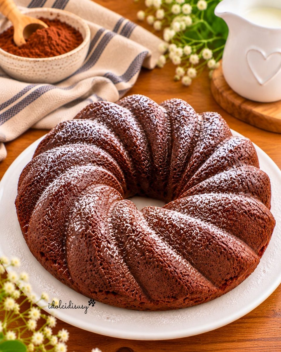 Ciambella al cioccolato e cocco intera, preparata nello stampo a spirale da 24 cm e decorata con poco zucchero a velo.