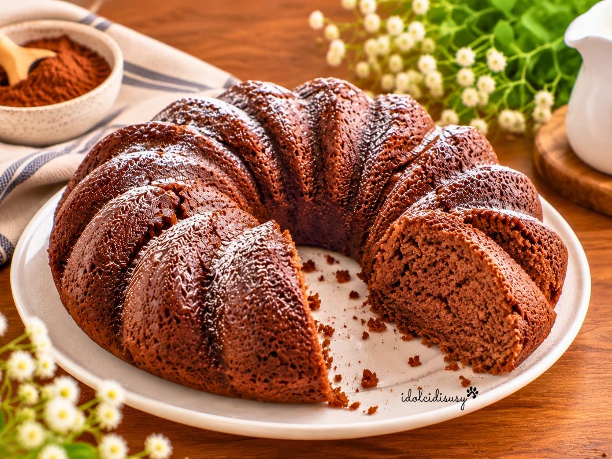 Ciambella al cioccolato e cocco soffice con gocce di cioccolato fondente, tagliata per mostrare l'interno morbido.