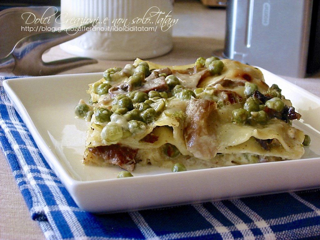 Lasagne ai piselli e funghi porcini, in bianco