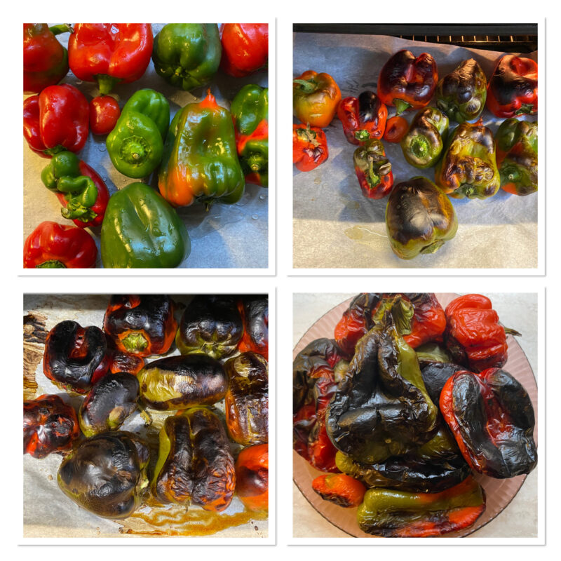 Procuratevi dei bei peperoni carnosi, lavateli bene e non bucateli assolutamente! Accendete il grill del vostro forno, disponete gli ortaggi su una teglia, preferibilmente bassa e posizionatela sotto il grill, quindi appena uno step in basso allo scalino più alto.  Non appena la pelle si abbrustolirà girateli e fate in modo che si cuociano uniformemente su tutti i lati, attenzione a non bucarli, uscirebbe il vapore e si rovinerebbero. Il vapore che si sprigiona dentro i peperoni fa infatti gran parte del lavoro, permettendo che cuociano in fretta senza seccarsi. Quando i peperoni saranno uniformemente cotti salateli e con attenzione, mentre sono ancora bollenti, inseriteli in una pentola, copritela e metteteli al caldo, continueranno a cuocere lentamente.