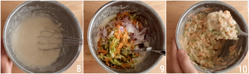 frittelle di verdure al cucchiaio con verdure miste grattugiate carote zucchine cipolla anche senas glutine il chicco di mais 4 unire verdure