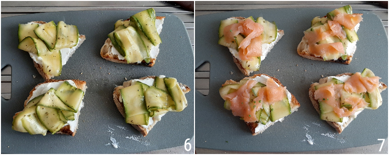 C. Guarnire le bruschette con salmone affumicato e zucchine marinate