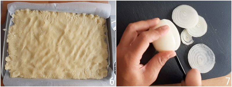 c. stendere l'impasto e tagliare le cipolle a fette