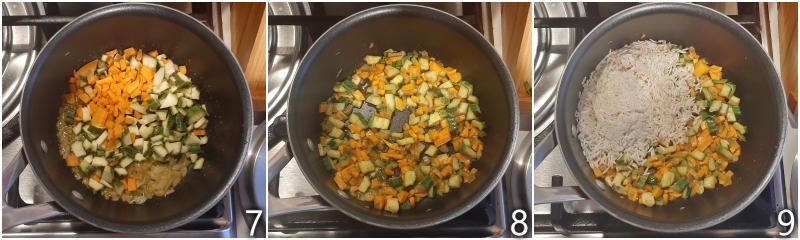 c. cuocere carote e zucchine con cipollotto e curry