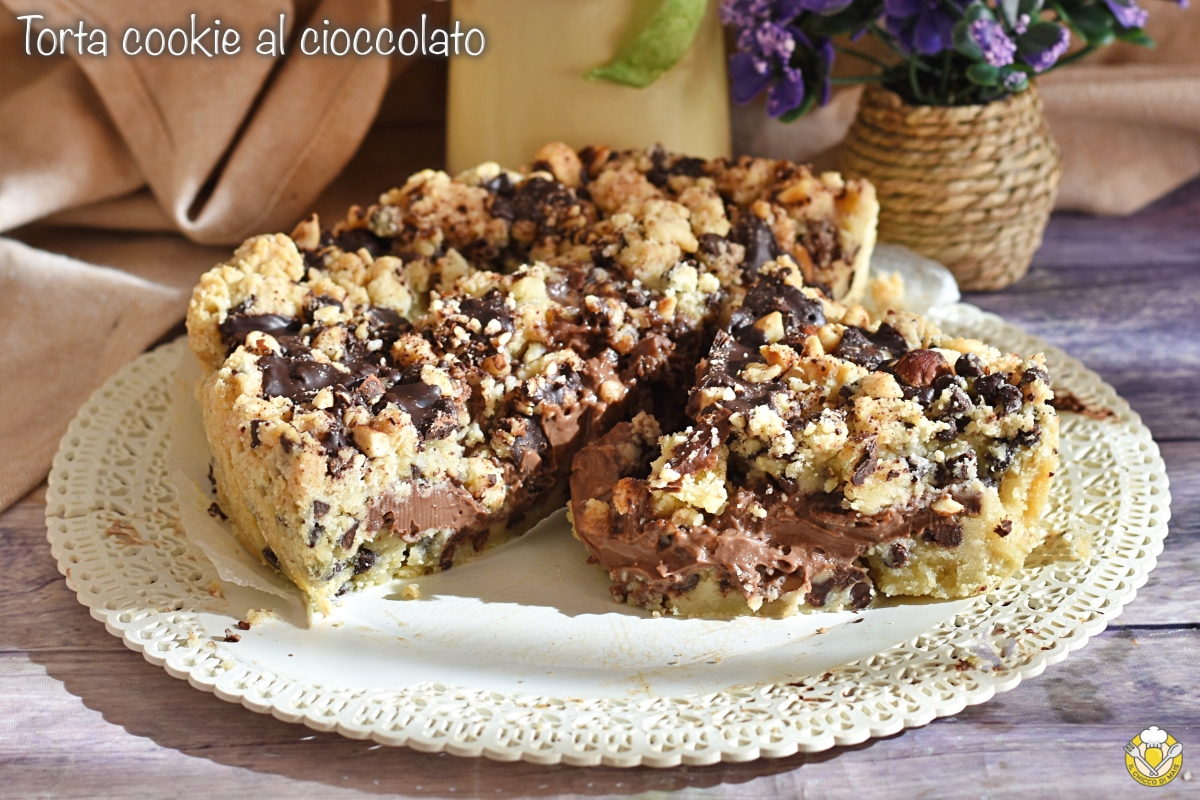 torta cookie al cioccolato ricetta crostata sbriciolata con gocce di cioccolato e crema pasticcera al cioccolato il chicco di mais