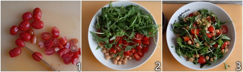 a. mescolare ceci lessi rucola e pomodorini in un'insalatiera