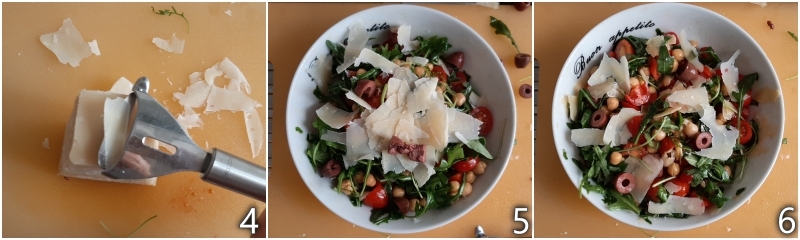 b. unire parmigiano e olive all'insalata di rucola e ceci