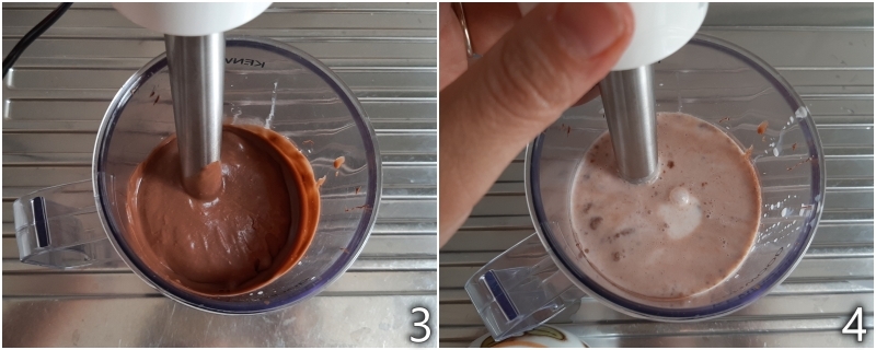 b. frullare nutella e panna con il minipimer per fare la miscela del gelato