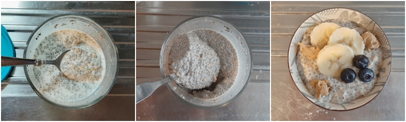 b. preparare l'overnight chia pudding e guarnirlo con banane e mirtilli