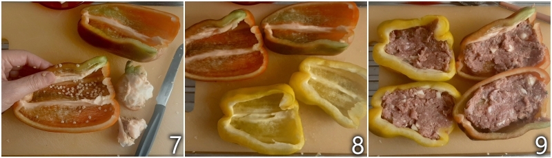 c. farcire i peperoni con l'impasto a base di carne trita