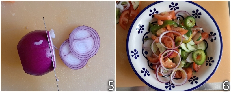 c. unire la cipolla alle altre verdure per l'insalata greca