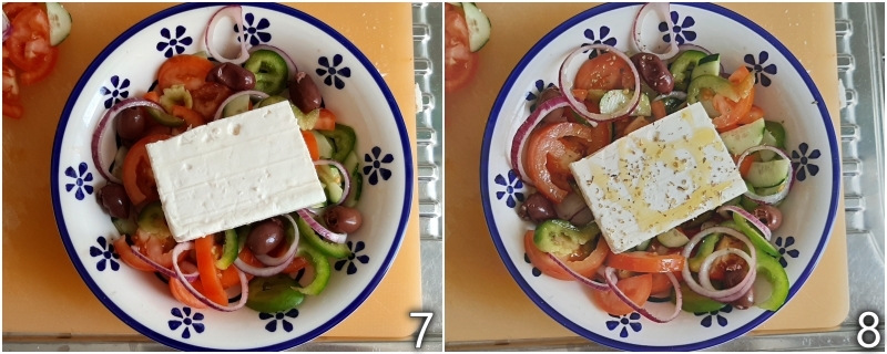 d. aggiunggere feta e olive all'insalata di pomodori e cetrioli