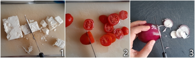 a. tagliare la feta a cubetti e le verdure a pezzi